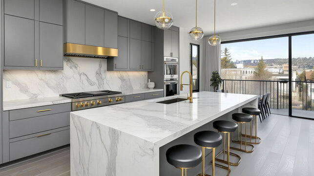 "Modern kitchen with a marble island and grey cabinets in a luxury apartment, featuring a white countertop and golden faucet, representing contemporary home interior design and stylish living space."