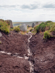 Kinder Scout moorland plateau area landscape at National Nature Reserve in the Dark Peak of the Derbyshire Peak District in England