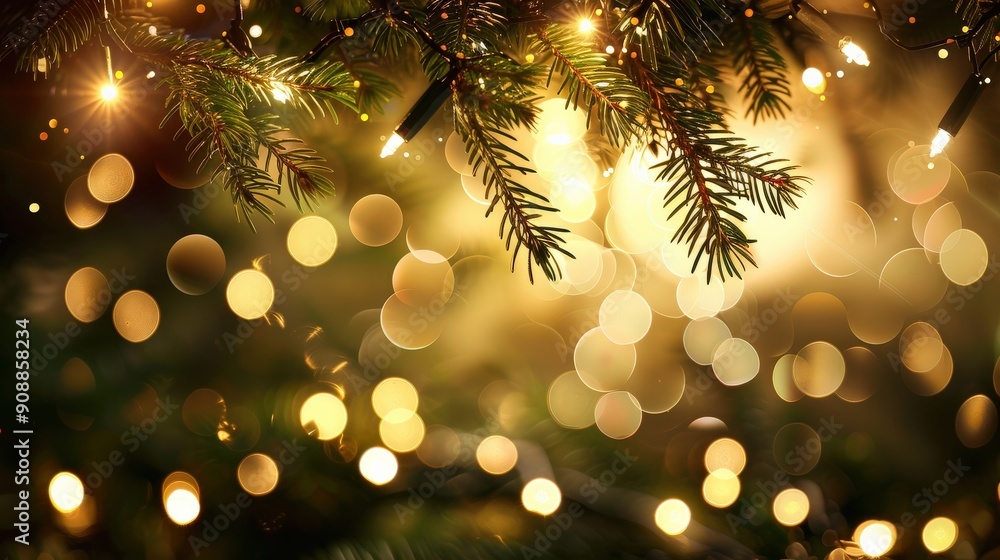 Poster a beautiful display of sparkling lights intertwined with evergreen branches, creating a warm and inv