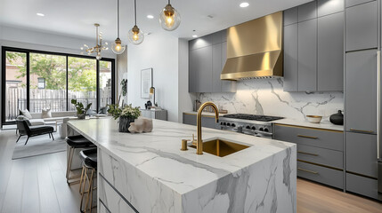 "Modern kitchen with a marble island and grey cabinets in a luxury apartment, featuring a white countertop and golden faucet, representing contemporary home interior design and stylish living space."