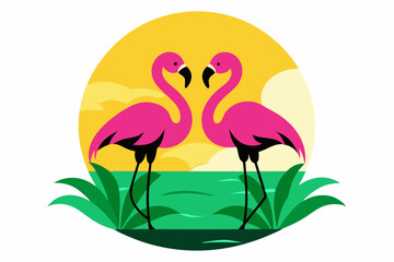 Vintage Sun with Two Loving Flamingo Birds Standing in Water - Vector Logo Icon for T-Shirt Design