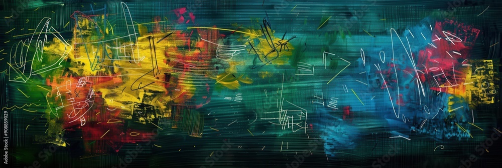 Poster A chalkboard features an explosion of colorful brushstrokes and abstract shapes, showcasing creativity in an educational setting. Generative AI