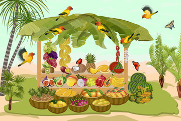 Trade tent and palms in illustration.Tropical vegetation and shopping tent with products in color vector illustration.