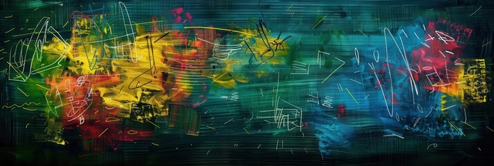A chalkboard features an explosion of colorful brushstrokes and abstract shapes, showcasing creativity in an educational setting. Generative AI