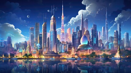 Fototapeta premium Neon-lit cityscape with floating vehicles and towering skyscrapers