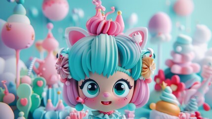 Fototapeta premium Whimsical colorful anime character with blue hair and pink accessories in a candy-themed background.