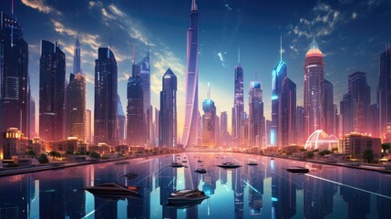 Neon-lit cityscape with floating vehicles and towering skyscrapers