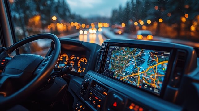 Modern Car Dashboard with GPS Navigation System at Night on a Busy Road with Blurred Lights in the Background, Showcasing Advanced Technology and Urban Driving Experience