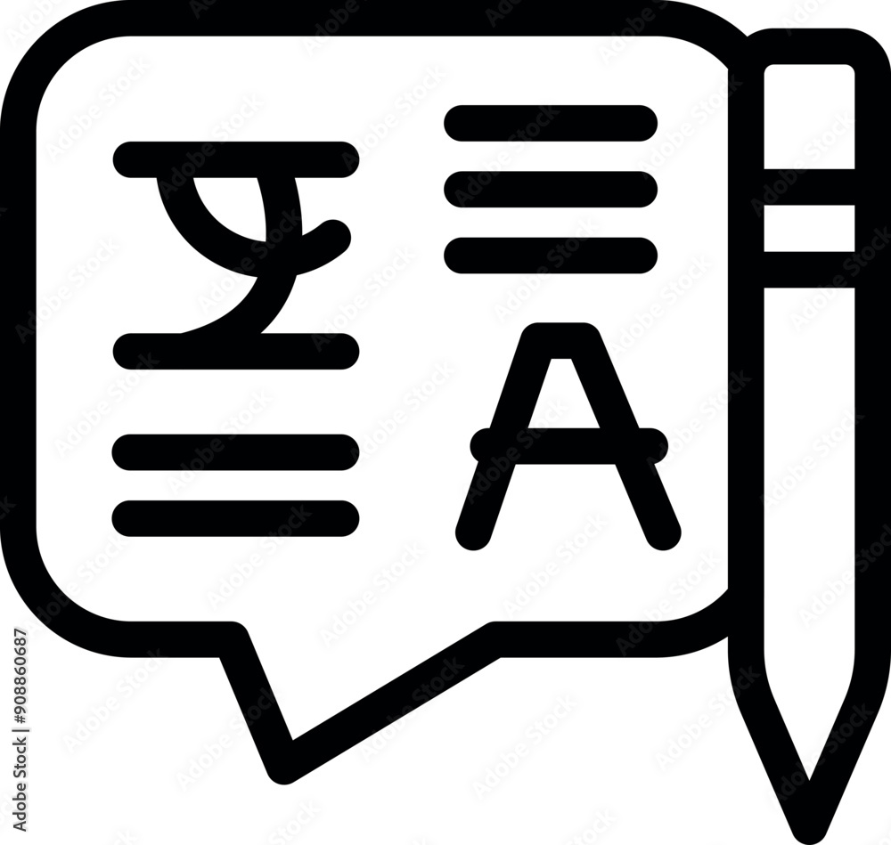 Poster bold icon of a language translator app, featuring a speech bubble with different alphabets and a pen