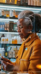 Fototapeta premium An elderly woman explores skincare products in a warm, inviting boutique setting