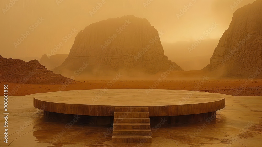 Poster a large circular stage with a set of steps leading up to it
