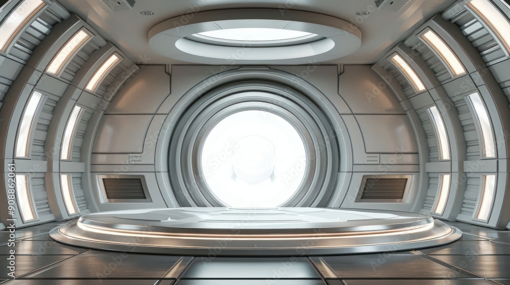 Poster a large, empty room with a white ceiling and a large circular window