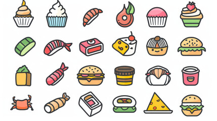 A simple vector icon set of random food in line style with isolated on white