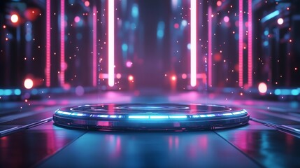 Futuristic Platform with Neon Lights and Glowing Particles