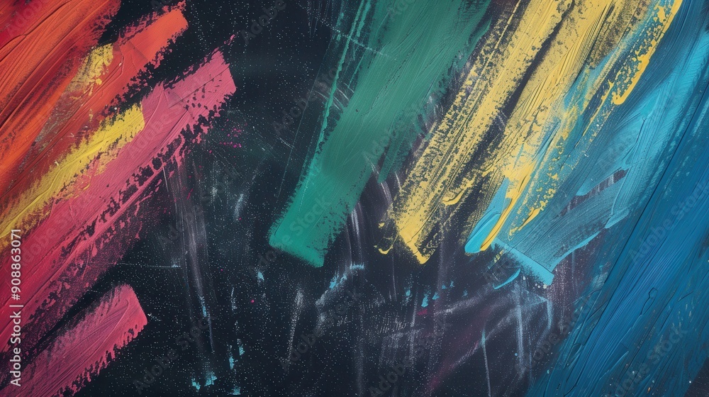Poster colorful brushstrokes adorn a dark green chalkboard, showcasing creativity and artistic expression d