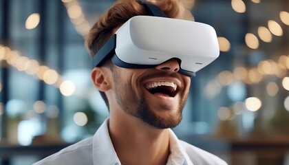 Man in virtual reality glasses with VR control futuristic cyber and 3D world. Gamer person with controller for AR, digital experience in shopping mall on the background.