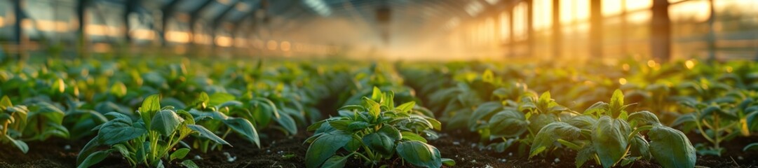 Sunrise in modern greenhouse with lush basil plants
