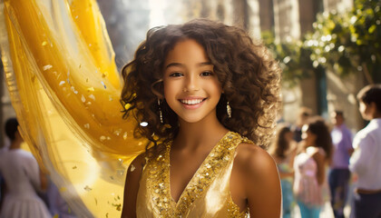 Mexican teenage girl wearing golden quinceanera dress celebrates her 15th birthday. It marks the transition from childhood to young womanhood. Panorama with copy space.