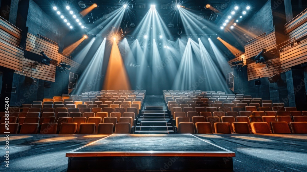 Poster a stage with a spotlight on it and a row of empty seats