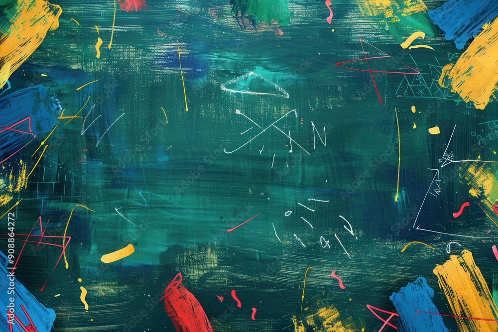 Poster a dark green chalkboard showcases vibrant brushstrokes of color, displaying artistic designs and pat