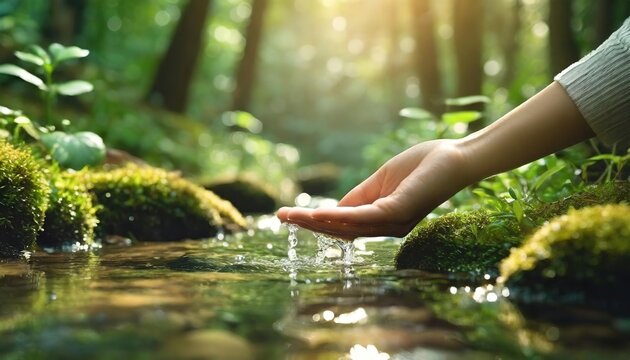 Human hand interacting with a tranquil forest stream. Woman touching the calm waters of a river, surrounded by the vibrant green moss and foliage of a serene summer environment.