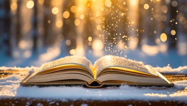 Christmas fairy-tale background with magical open book. Winter holidays, snowy forest.