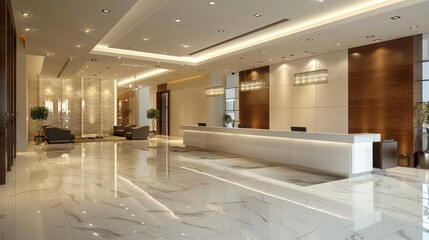 Modern luxury office interior with reception desk, with comfortable sofa furniture.