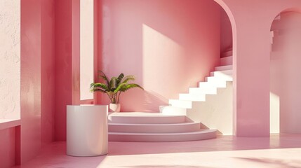 A white staircase is in a pink room with a plant in a white vase