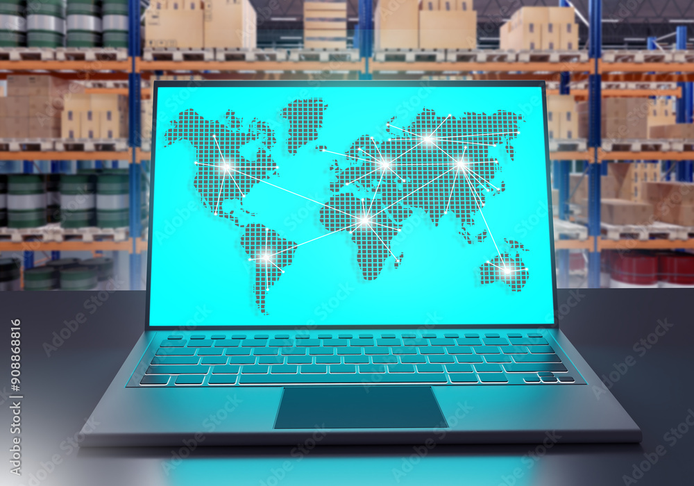 Poster logistician laptop. world map on computer screen. laptop on storage table. logistics software concep
