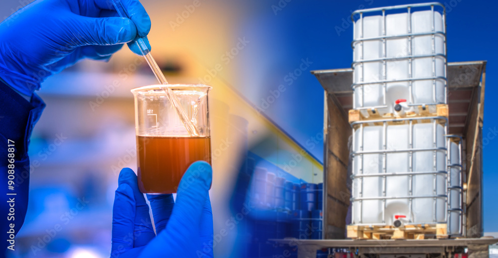 Poster checking quality of oil. fuel in flask in hand of laboratory assistant. ibc containers in back of tr