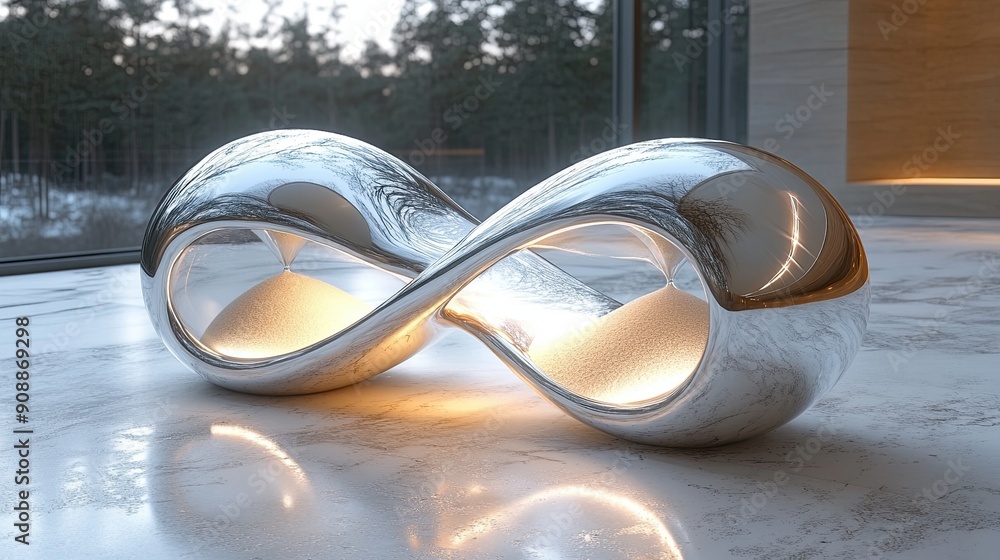Poster abstract futuristic chrome infinity symbol with smooth curves on marble surface in modern interior s