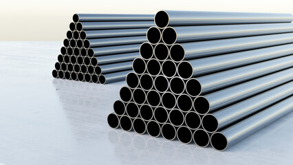 Steel pipes are stacked in pyramid. Pipeline fragments are ready for installation. Pipes for laying...