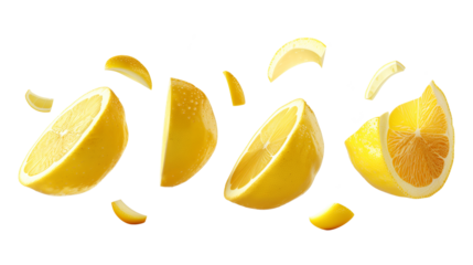 Lemons sliced levitating in the air isolated on a transparent background