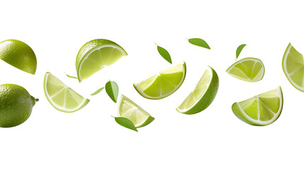 Limes sliced levitating in the air isolated on a transparent background