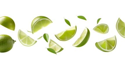Limes sliced levitating in the air isolated on a transparent background