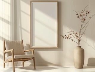 Portrait frame in minimalist Japanese office with mid-century furniture, soft lighting, beige chair, ceramic vase, maple branch, and beige tones.