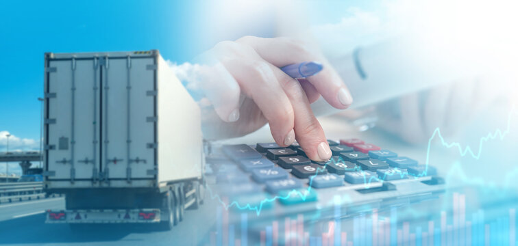 Calculation of logistics costs. Truck is driving along road. Calculator with accountant hand. Calculation of profits from logistics. Freight transportation costs. Logistics business - Powered by Adobe