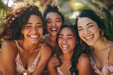 Fototapeta premium Four joyful bridesmaids laughing together in sunlight