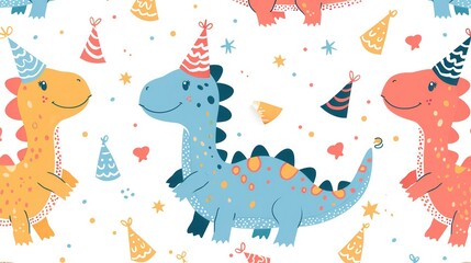A cute birthday pattern with little dinosaurs in hats on a white background in illustration style and simple design.