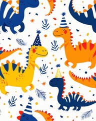 A cute birthday pattern with little dinosaurs in hats on a white background in illustration style and simple design.