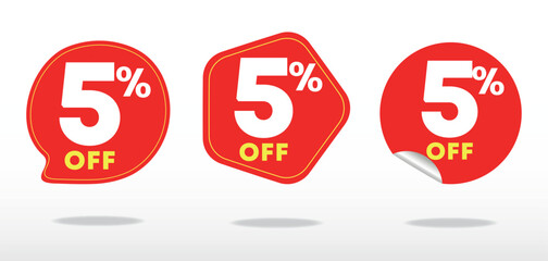 5% off. Offer label, value, price, sticker, quote. Poster, banner, social media, marketing, business. Advertising campaign, sales, promo, retail, store. Vector, set, icon