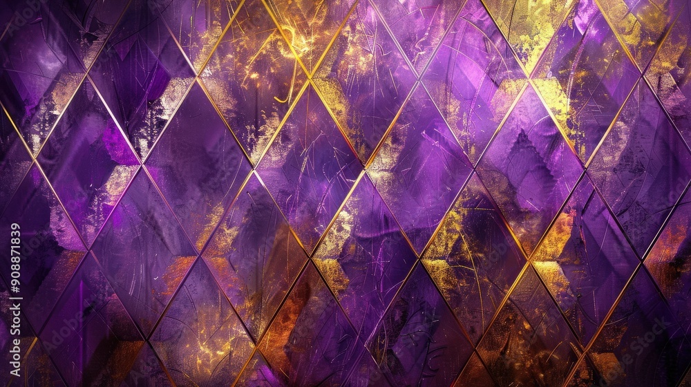 Poster a mesmerizing pattern features glowing diamonds in rich purple and gold tones, creating an elegant a