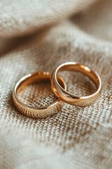 Golden wedding rings on textured fabric