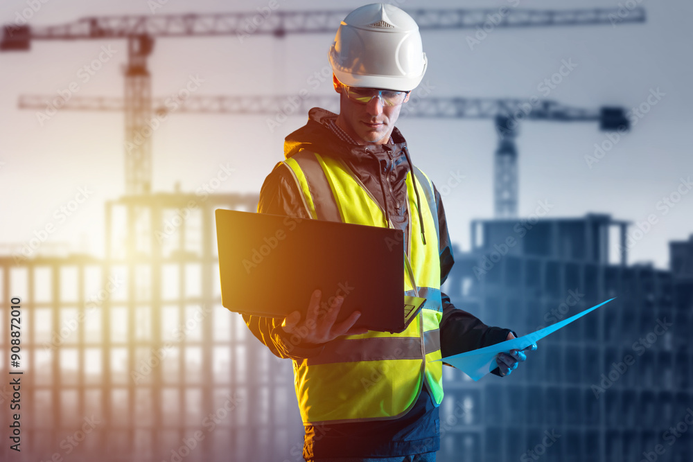 Aufkleber man builder. engineer with laptop. builder near silhouettes unfinished buildings. man architect stan