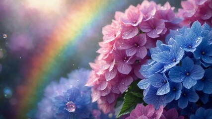 Fototapeta premium Beautiful Hydrangeas with Water Droplets and a Rainbow Background