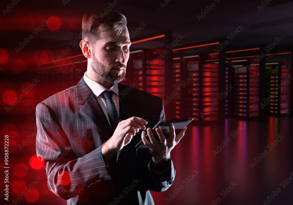 Poster man manager hosting company. server room. guy is system administrator. telecommunications provider e