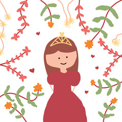 Cute children's drawing, Little cute princess and flowers around her