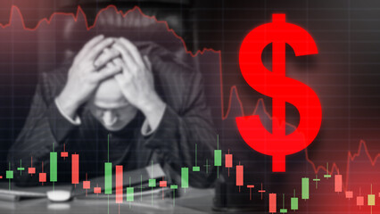 Businessman bankrupt. Man investor lost money. Sad entrepreneur clutching head. CEO upset about...