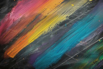 Obraz premium Bright, colorful brushstrokes decorate a dark green chalkboard, showcasing artistic expression in a lively educational atmosphere. Generative AI