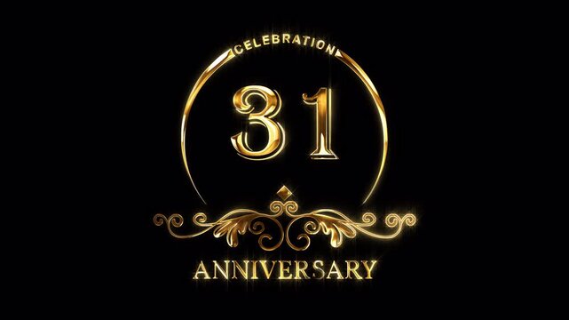 31st Anniversary Celebration. Happy 31 Years Anniversary Animation in Gold Color on the Transparent Background, Alpha Channel. Great for greetings, celebrations, events, and gifts.